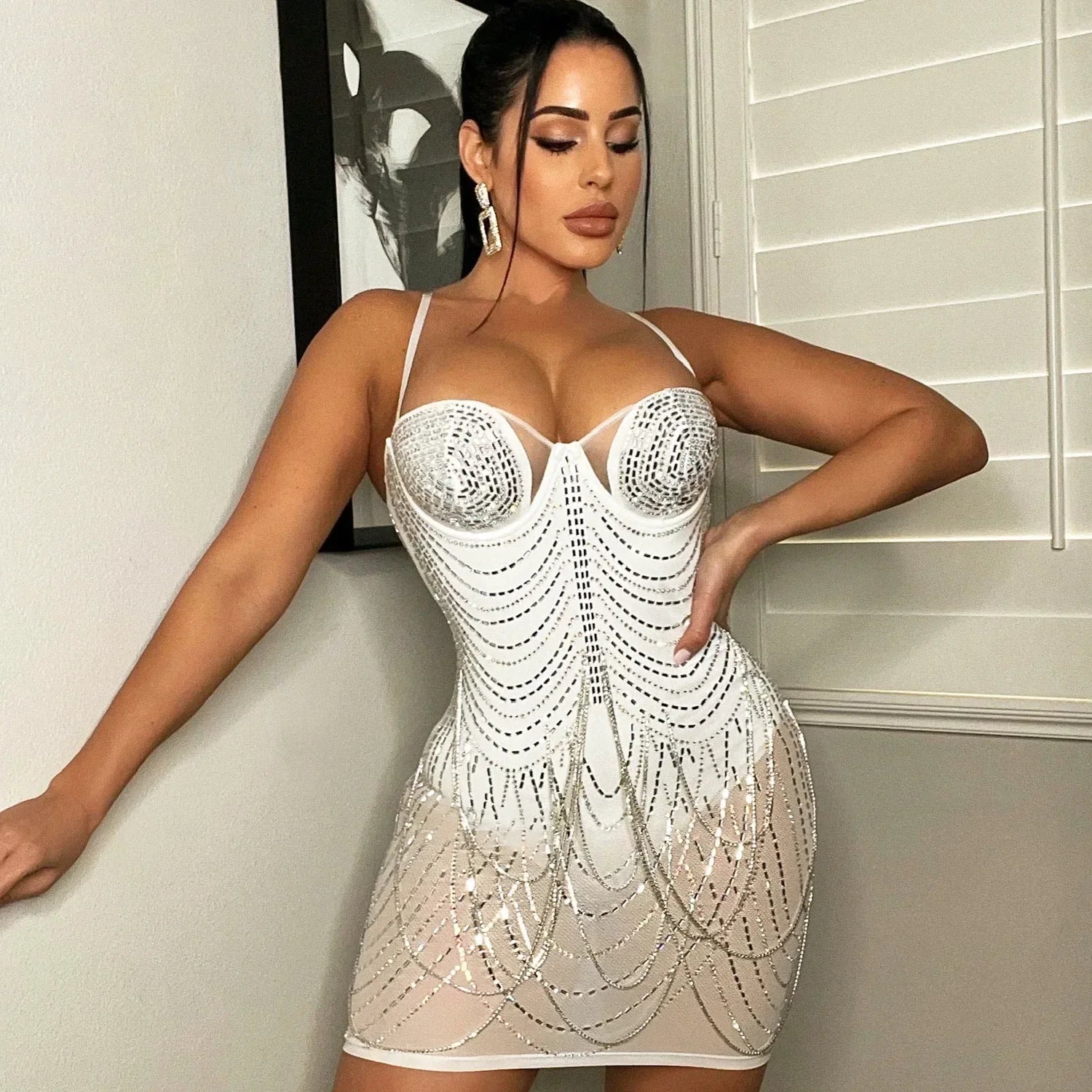 Franklin Township Rhinestone Fringe Glam Mesh Sequins Party Clubwear Mini Dress