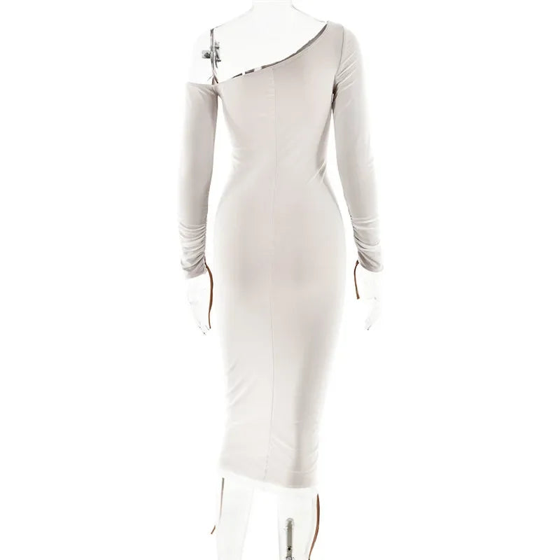 Dyker Heights Diagonal Collar Long Sleeve Mesh Backless Ruched Bodycon Midi Dress