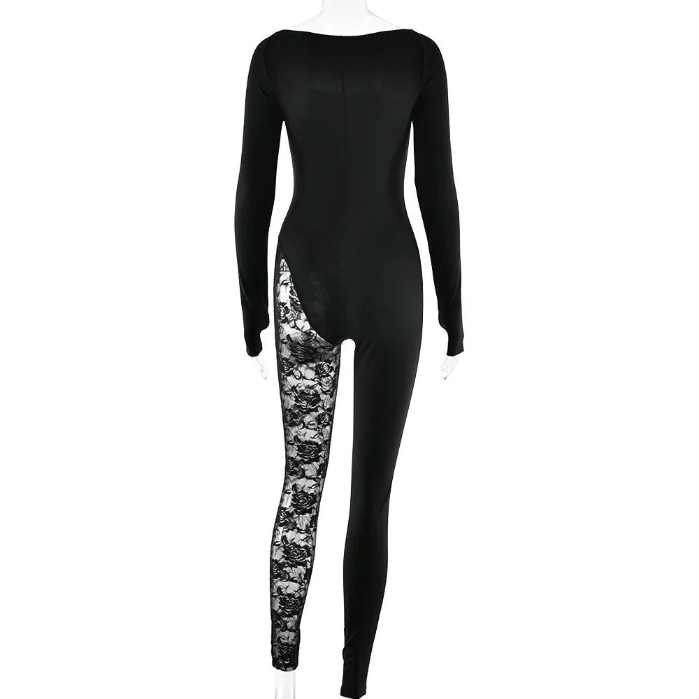 Port Chester Long Sleeve Lace Patchwork Square Collar Sexy Jumpsuits