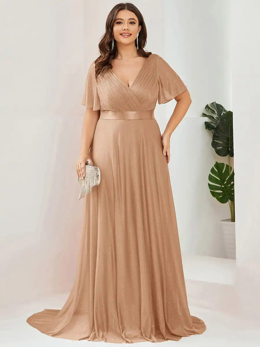 Gazcue Plus Size Chiffon Mother of the Bride Party Glitter V Neck A Line Dress