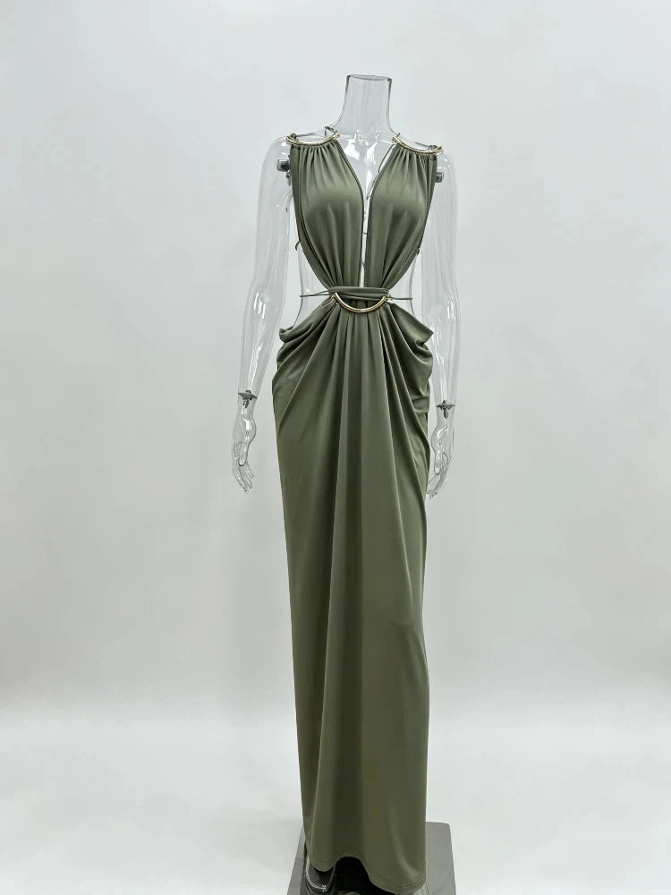 Solid Color Spaghetti Strap Sleeveless Sexy Deep V Cutout Waist Ruched Maxi Gown Dress