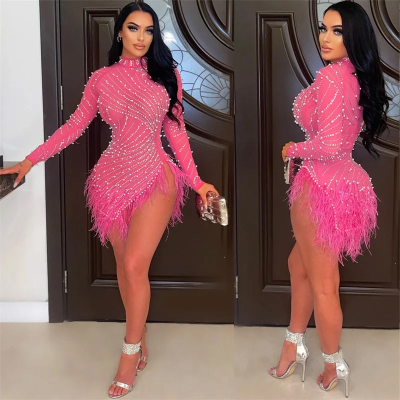 Whippany Pearls Rhinestone Party Elegance Nightclub Feather Mini Dress