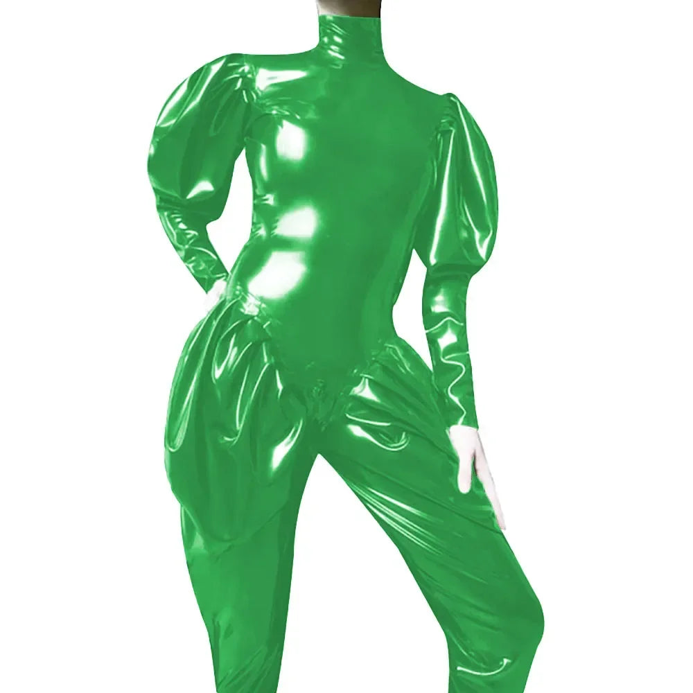 Sleeves Jumpsuit Sexy Zipper Open Crotch Catsuit Party High Neck Wetlook Rompers Female