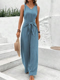 Women Casual Sleeveless V Neck Lace-Up Wide Jumpsuits Lady Summer Holiday