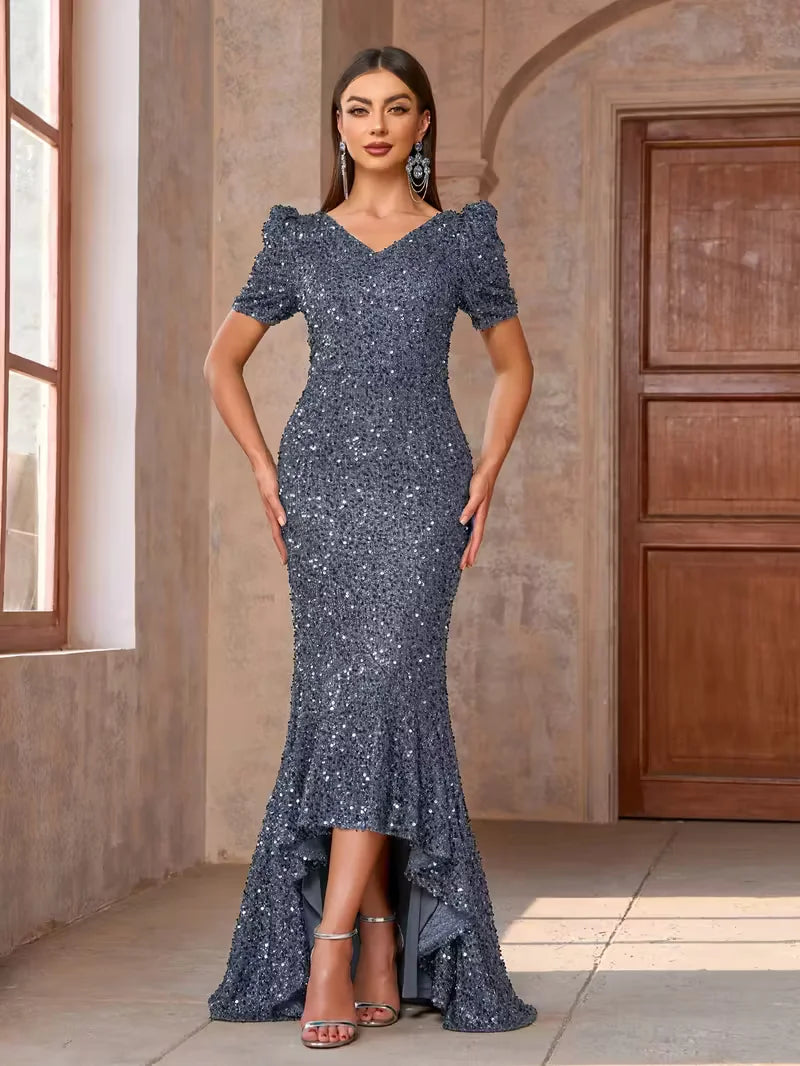 Miami Elegant Sequin Evening Gown Stunning Long Ruched Maxi Dress