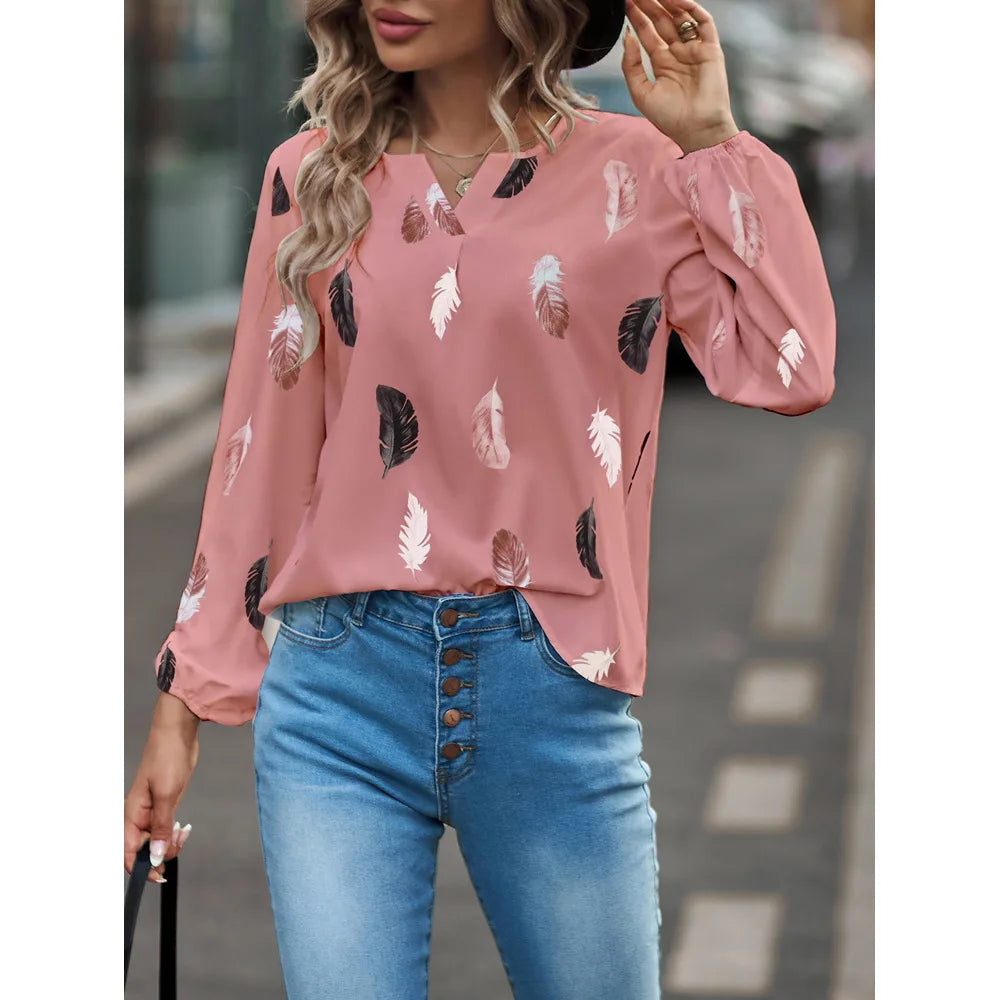 Jamesburg Casual T Shirt Fashion Feather Printed Long Sleeve V Neck Loose Blouses