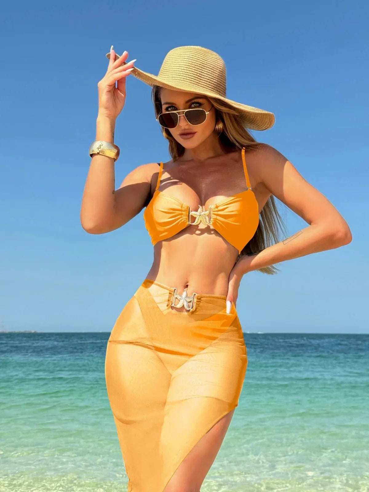 Peconic Starfish Ornament Push Up High Waist Swimsuit Beach Bathing Tree Pieces Set