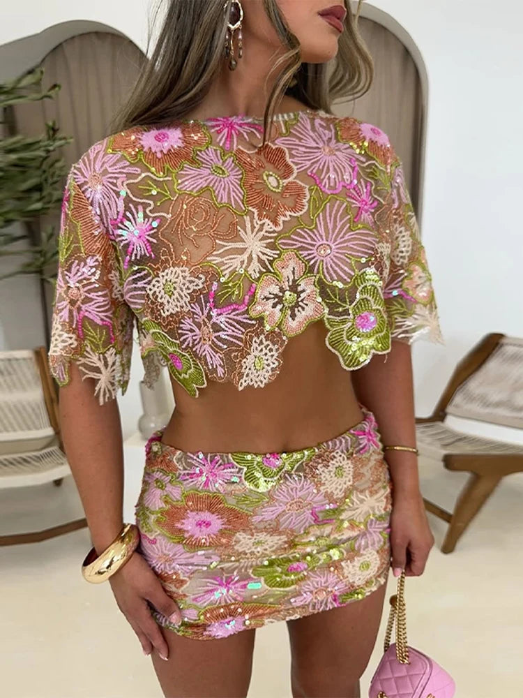 Elena Sequin Lady Suit Short Sleeves Two Piece Sets