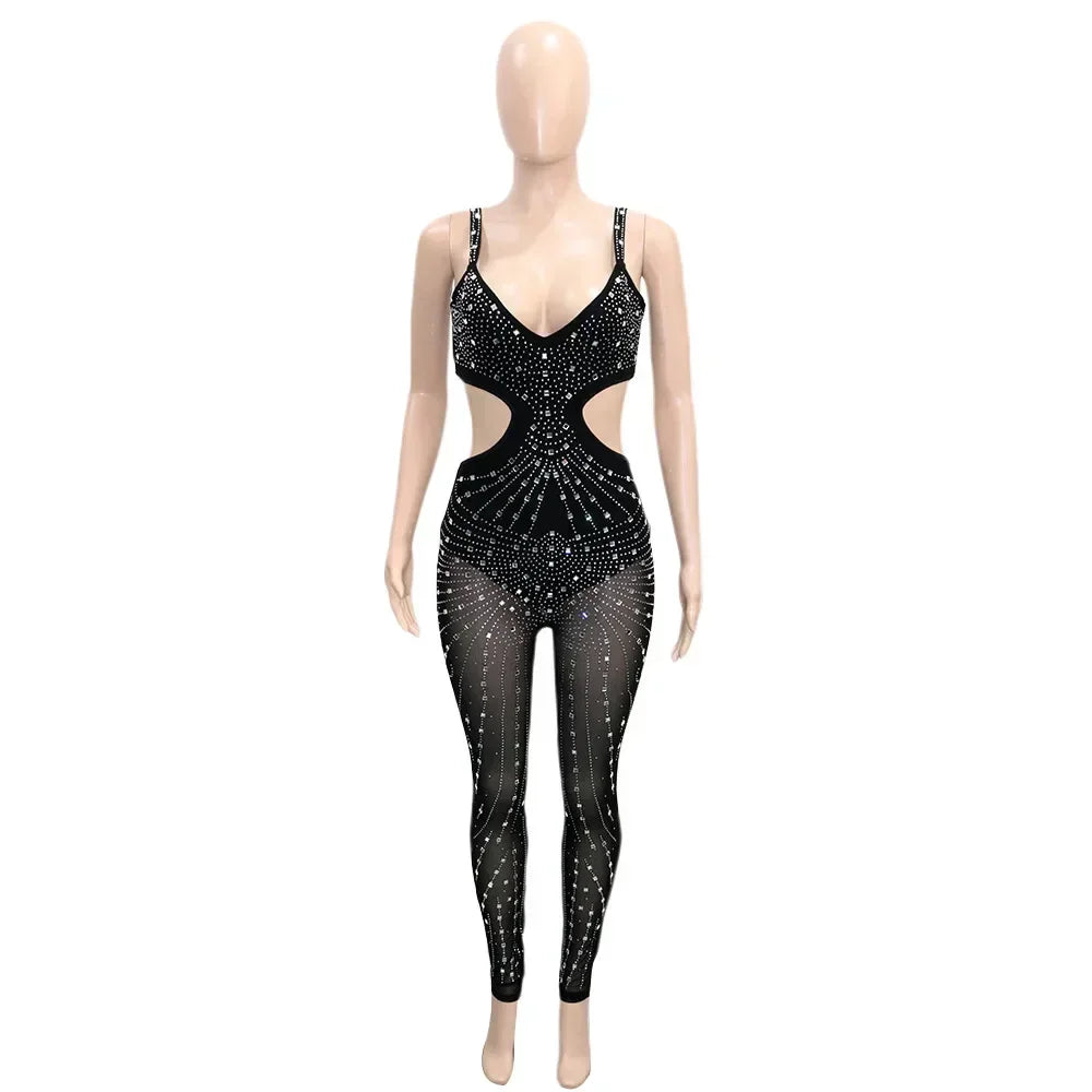 Gramercy Park Fashion Sexy Mesh Perspective Hot Drill Sleeveless Halter Jumpsuit