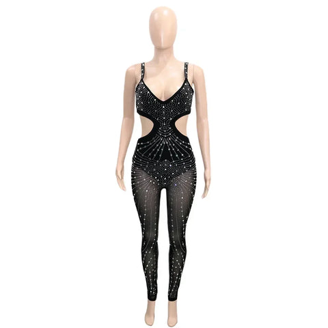 Gramercy Park Fashion Sexy Mesh Perspective Hot Drill Sleeveless Halter Jumpsuit
