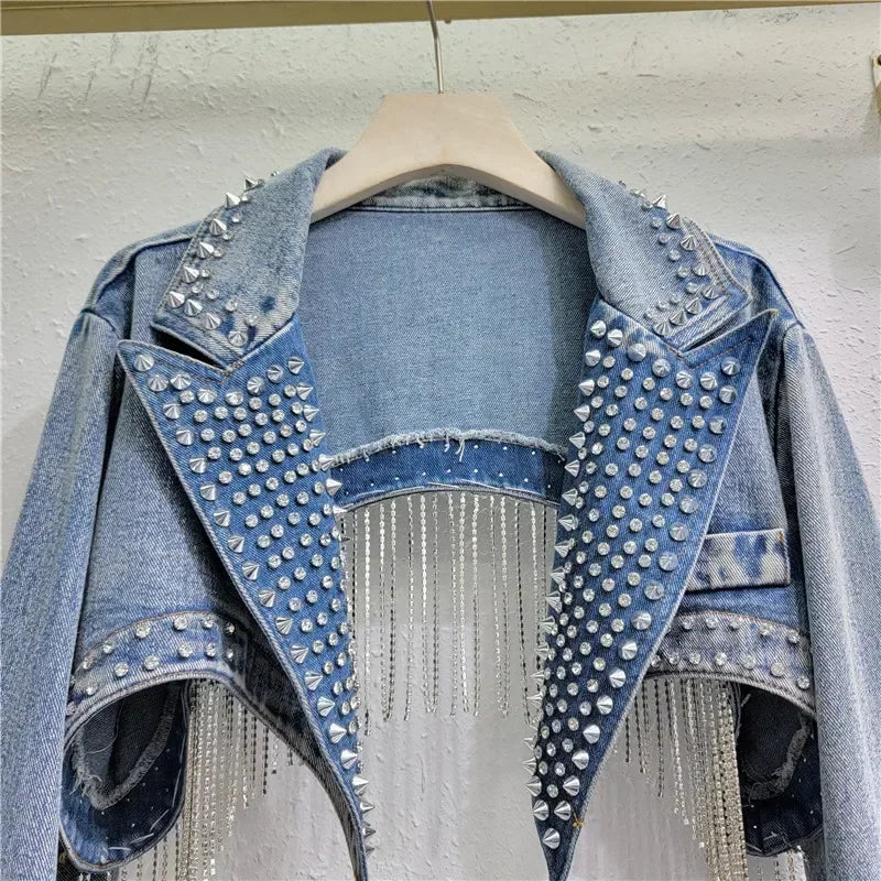 Stroadsburg Beaded Tassels Rivets Crystal Fringed Backless Cowboy Jacket