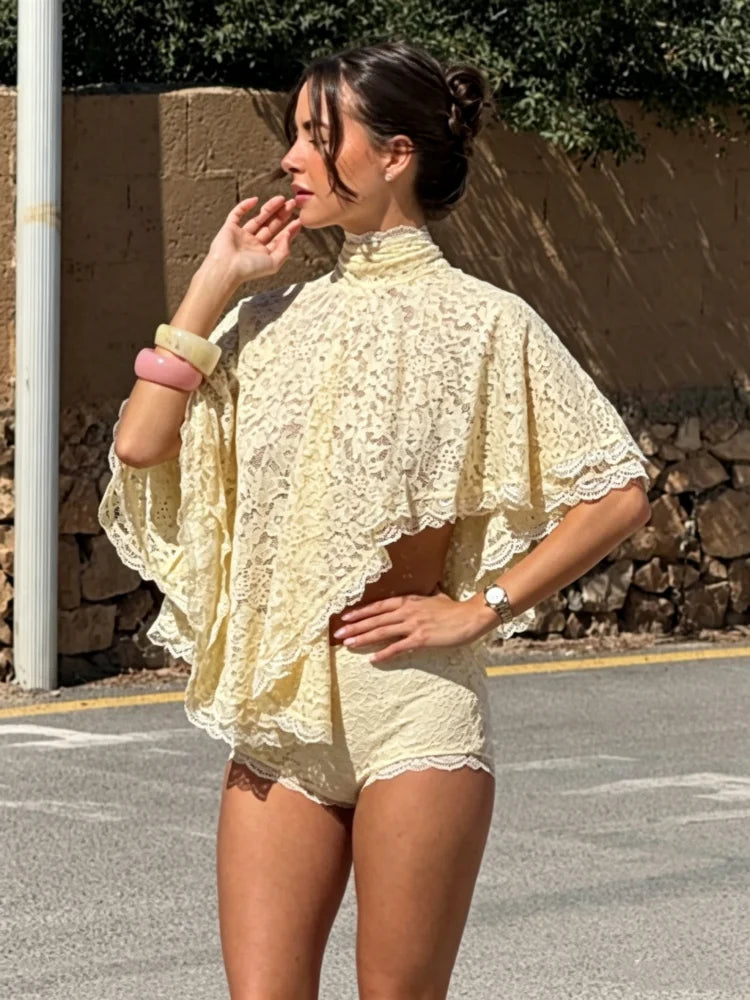 Alma Summer New Lace Backless Solid Two Piece Sets