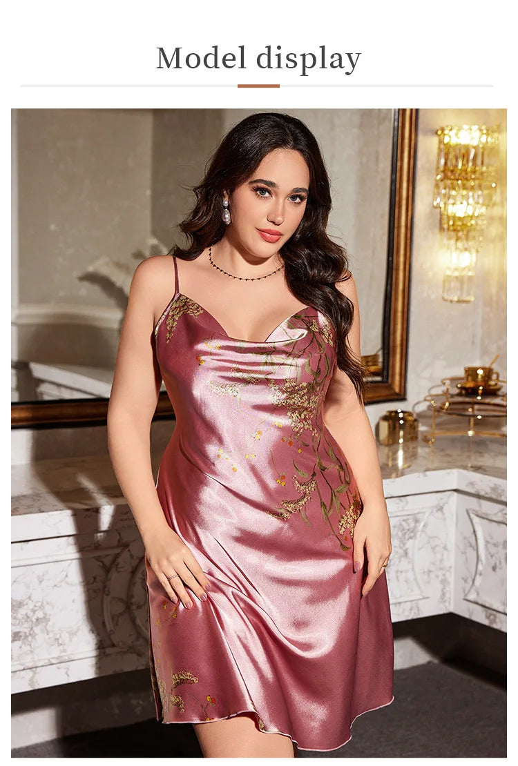 British Plus Size Soft Silk-Like Slip Sexy Printed Minimalist Loose Dress