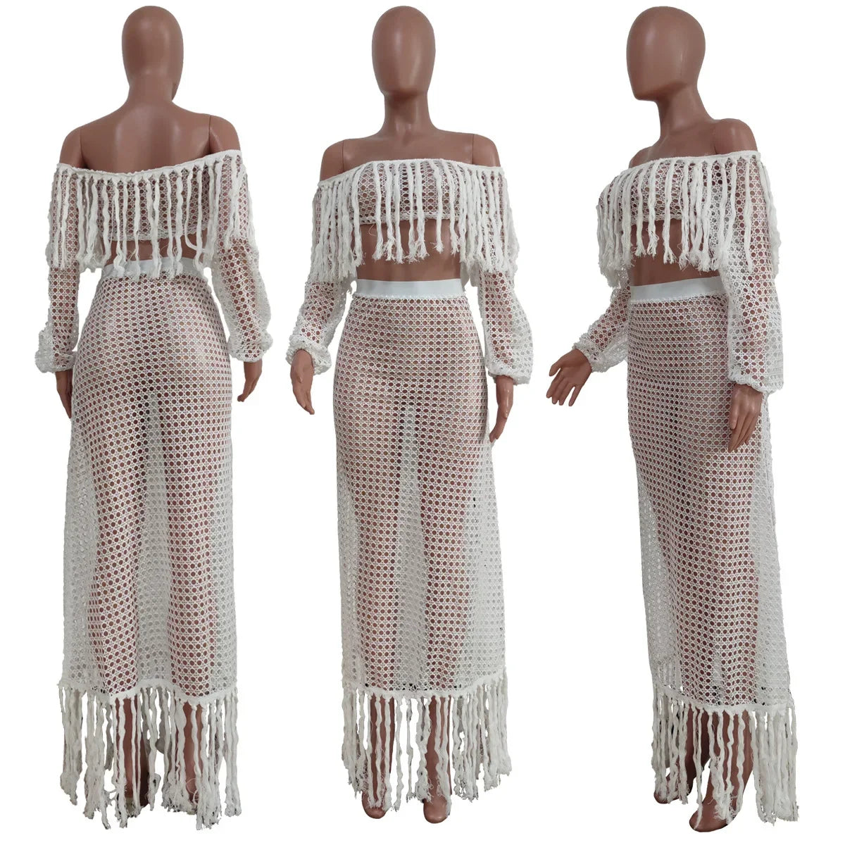 Off Shoulder Tassel Hollow Out Beach Set