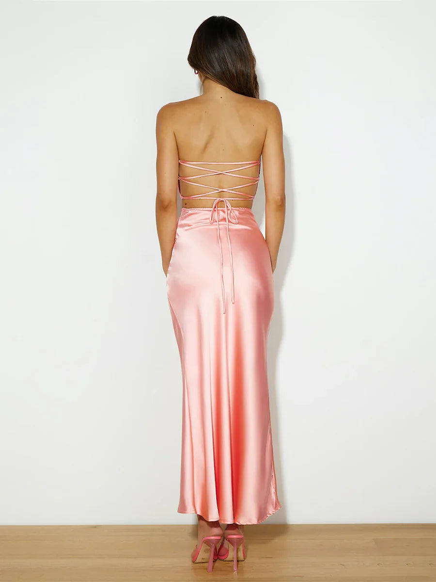 Jamesport Outfits 3D Flowers Ruched Satin Bandeau Partywear Set