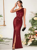 Medford Sparkly One Shoulder Slit Sequin Party Sexy Mermaid Gown Maxi Long Dress