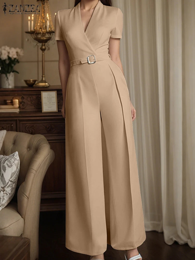 Weirton High Waist Jumpsuits Workwear Belt Rompers Solid Deep V Neck Elegant Overalls