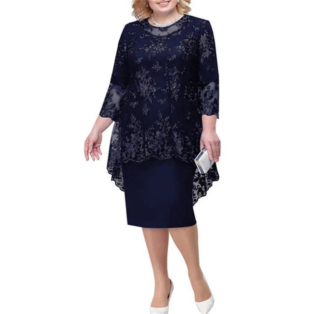 Jackson Plus Size Evening Gown Fashion Solid Color Round Neck High Waist Lace Embroidery Dress