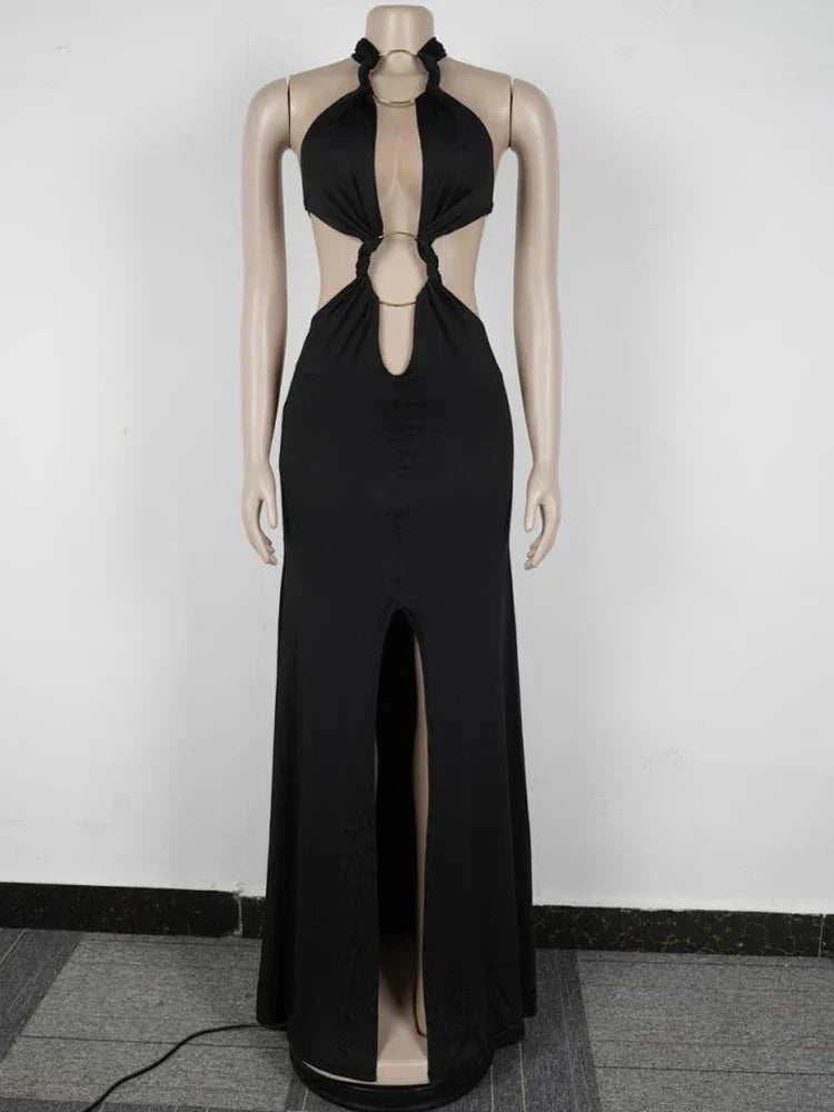 Hoosick Falls Halter V Neck O Rings Long Glam Sexy Backless Ruched Maxi Dress