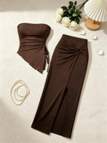 Mia Strapless Side Drawstring Ruffle Hem Two Piece Sets