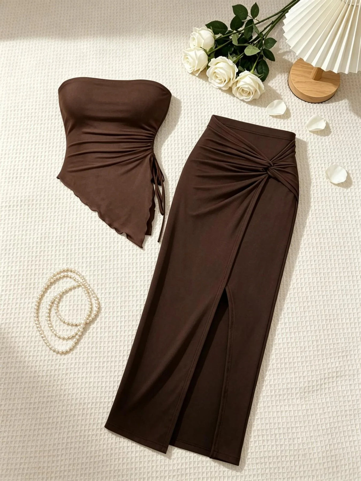 Mia Strapless Side Drawstring Ruffle Hem Two Piece Sets