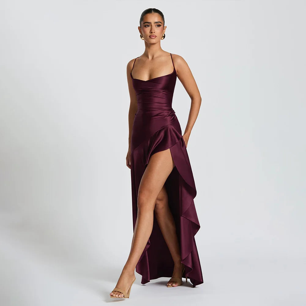 Stony Point Satin Long Dr with High Slit And Lace Trim Charming Dress