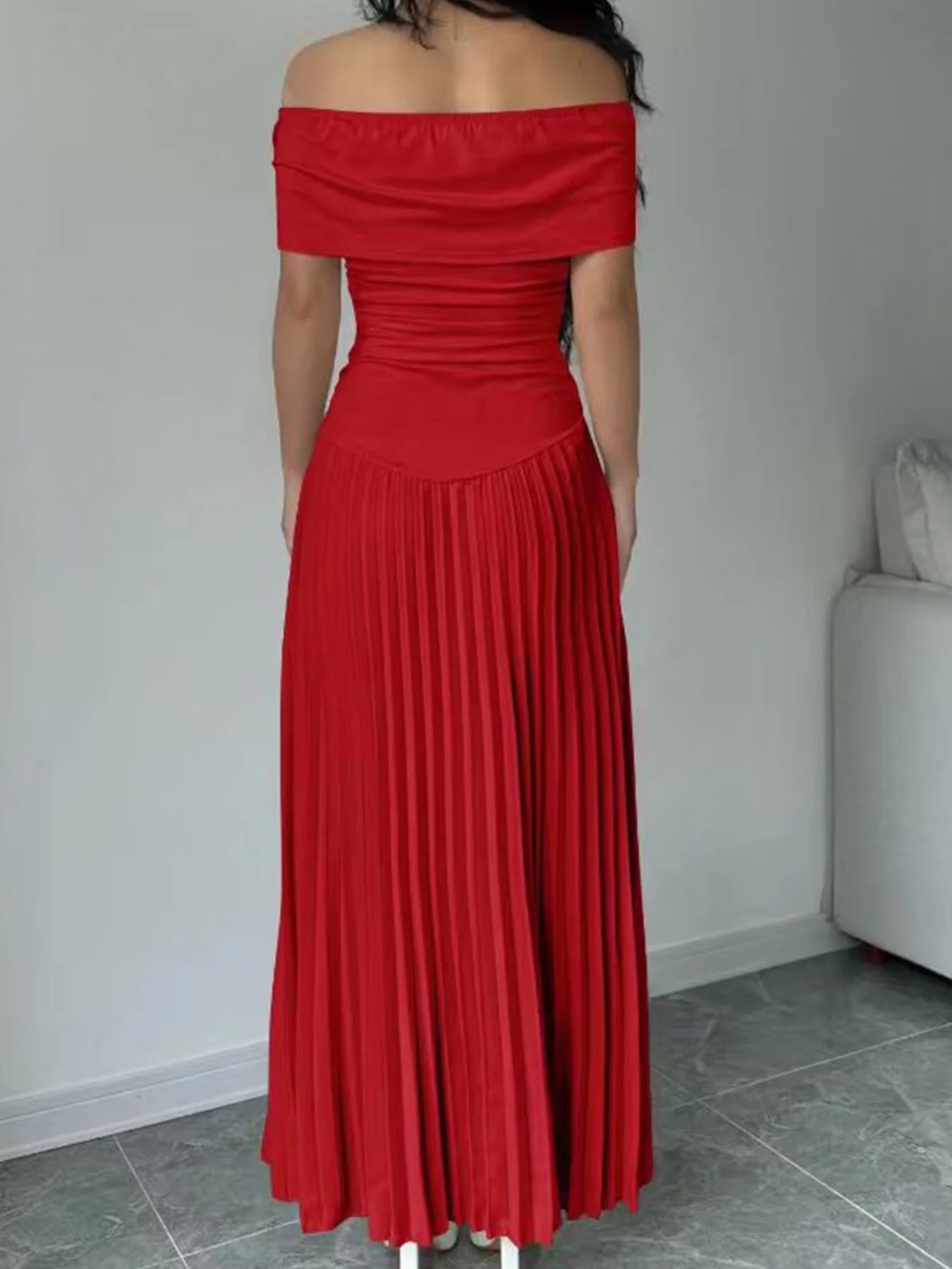 Randolph Solid One Shoulder Ruffle Hem Pleated Long Slim Fit Dress