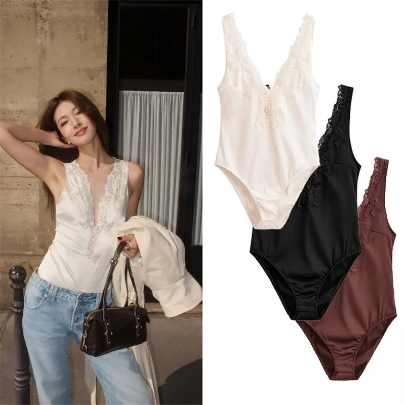 Women's Jumpsuit  New Lace Satin Texture with Embroidered Flowers  Slim-Fit Top Summer Sexy Beach Party