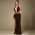 Ancram Hollow Backless Sexy Halter Deep V Neck Sleeveless Ruched Patchwork Dresses