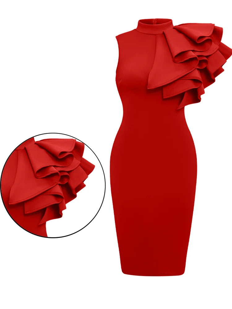 Bardonia Fashion Bodycon High Neck Sleeveless One Shoulder With Flower Ruffle Dress