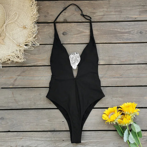 Champneuf Deep V Neck High Leg Backless Fashion Beachwear Outfits Set