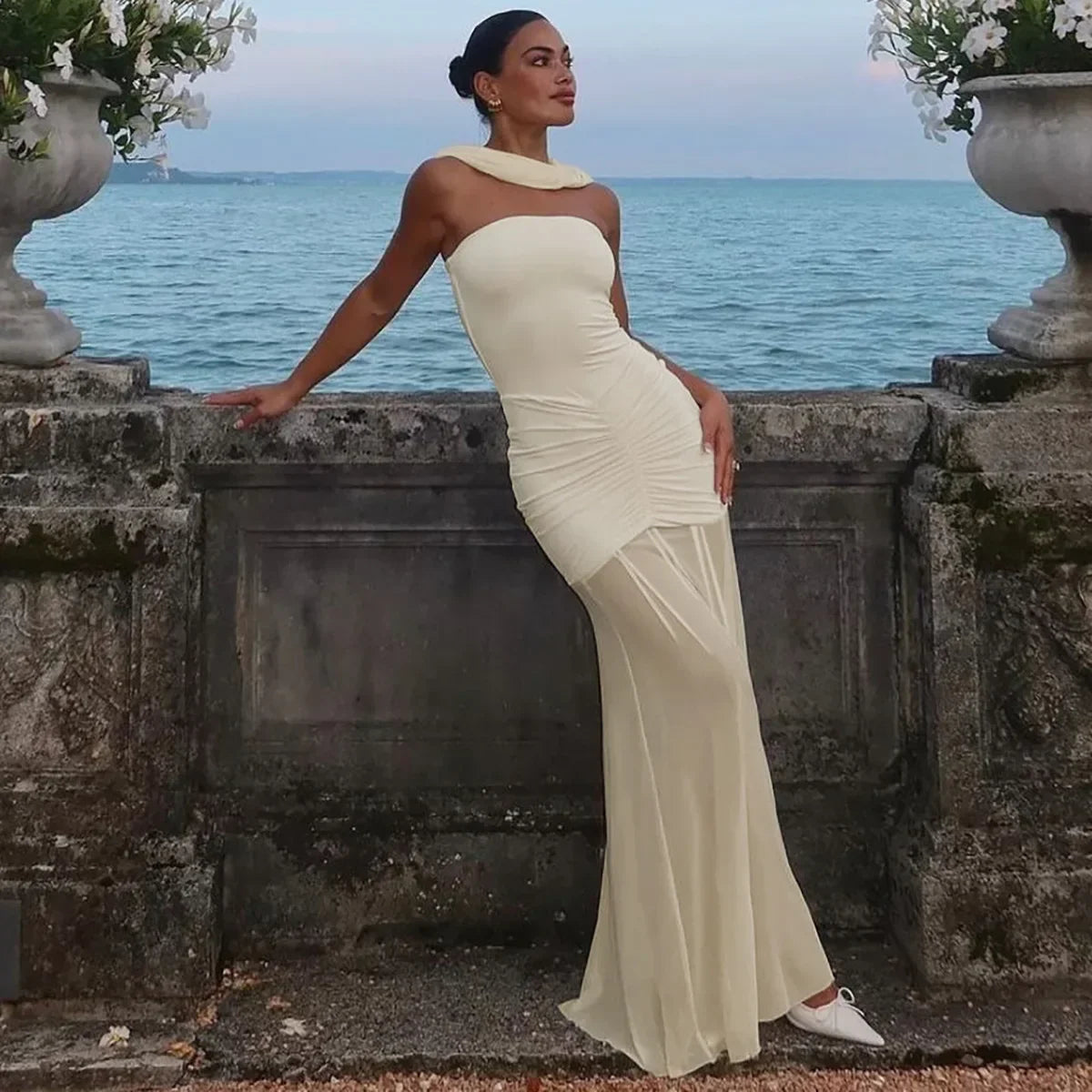 Cowen Off Shoulder Mesh Apricot See Through Ruched Dress