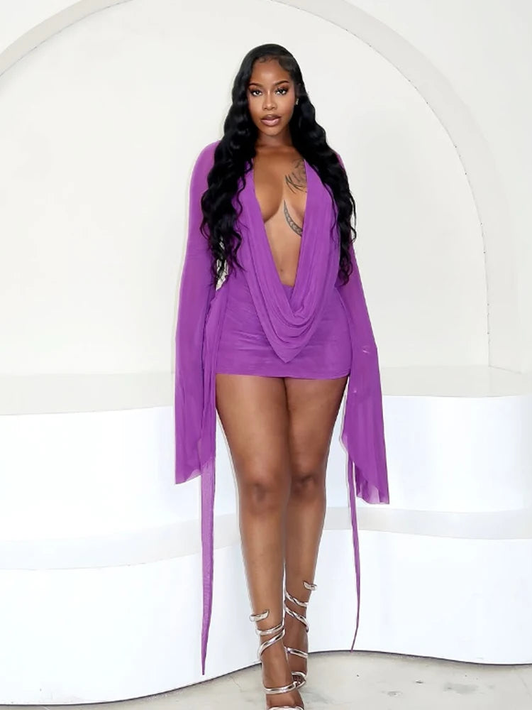 Barcelona Puss Halter Backless See Through Irregular Coquette Full Sleeve Sexy Midnight Dress