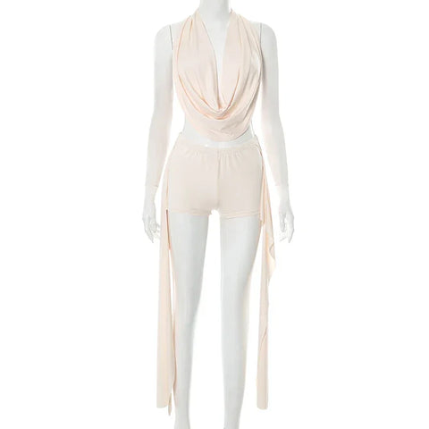 Beattystown Puss Elegant Halter Swing Collar Backless Sexy Tank Side Tassel Matching Set