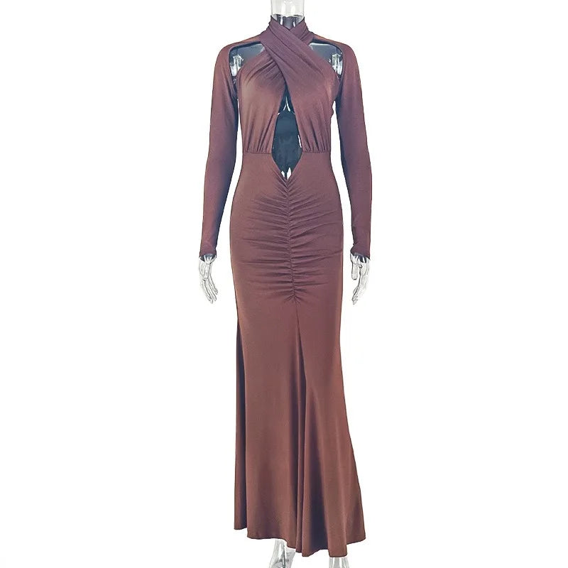 Bedford Turtleneck Hollow Out Chest Wrapped Long Sleeve Pleated Bodycon Long Dress