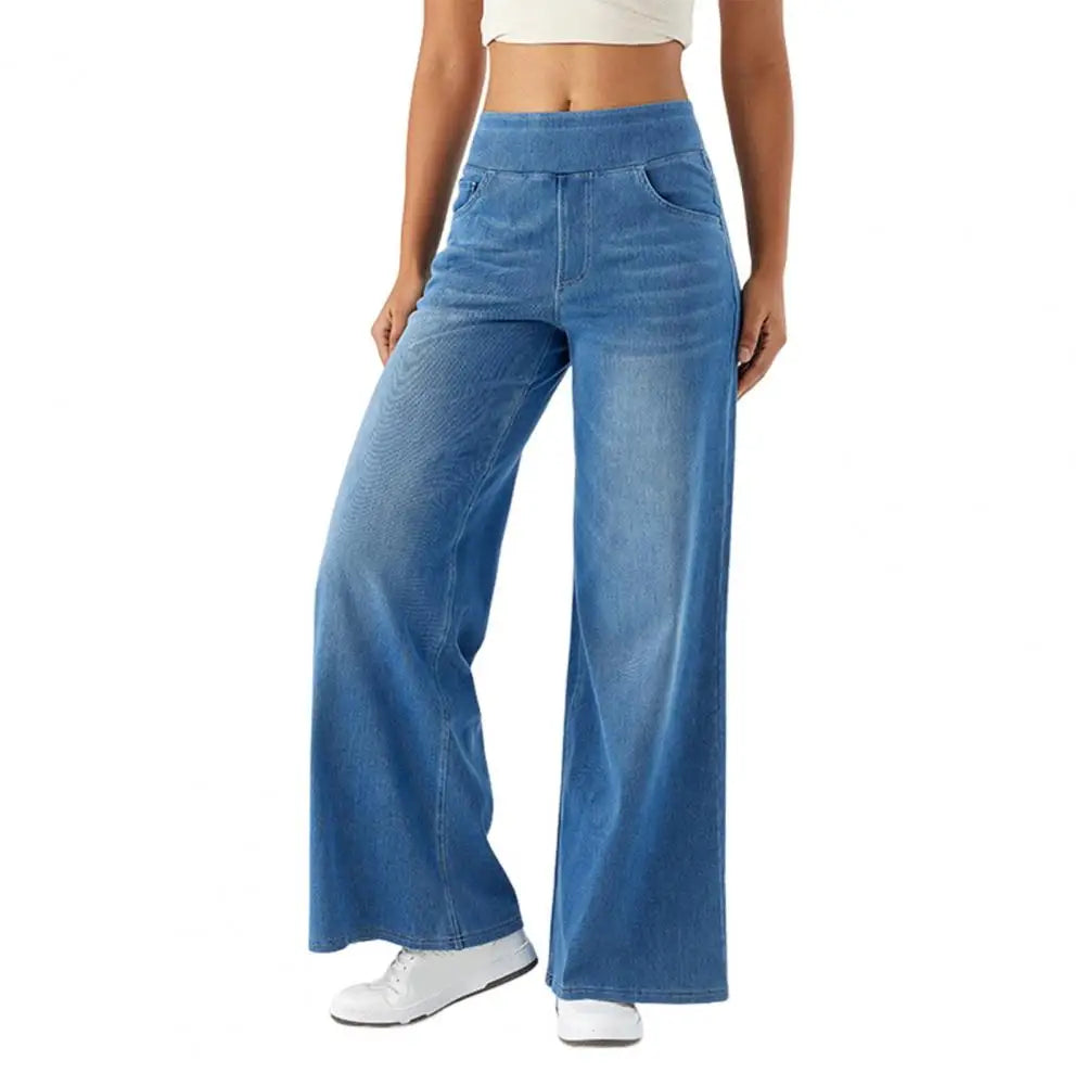 Women Jeans with Pockets Elastic Casual High Waist Wide-leg Jeans Solid Color Full