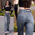 Womens Jeans High Waist Shot Blue Trousers with Pockets Pants for Women Straight Leg