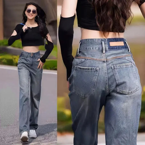 Womens Jeans High Waist Shot Blue Trousers with Pockets Pants for Women Straight Leg