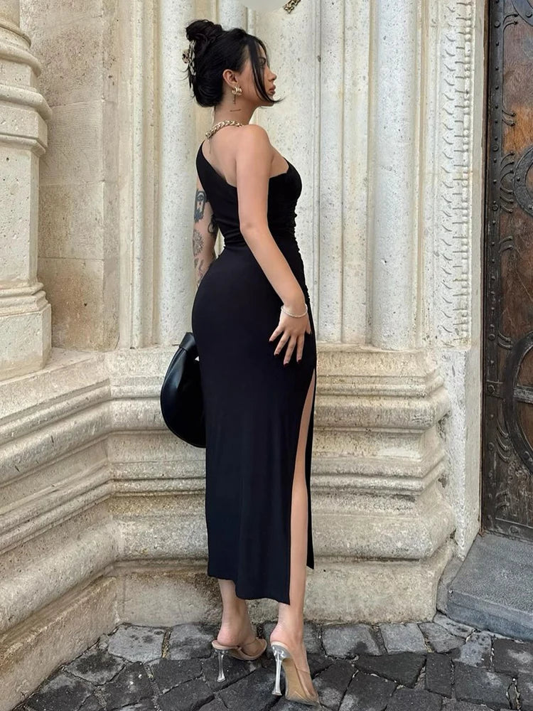 Maxi Sexy Split Black Sleeveless Backless Slim Off Shoulder Club Elegant Party Dresses