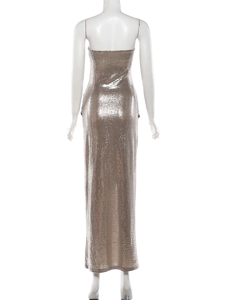 Irlanda Strapless Shiny Sequins Wrap Chest Backless Sleeveless Ruched High Splits Dress