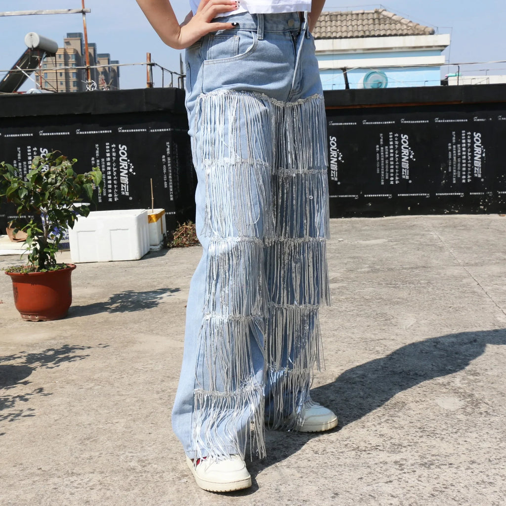 Nazareth High Waist Sequined Tassel Cargo Ripped Streetwear Jeans