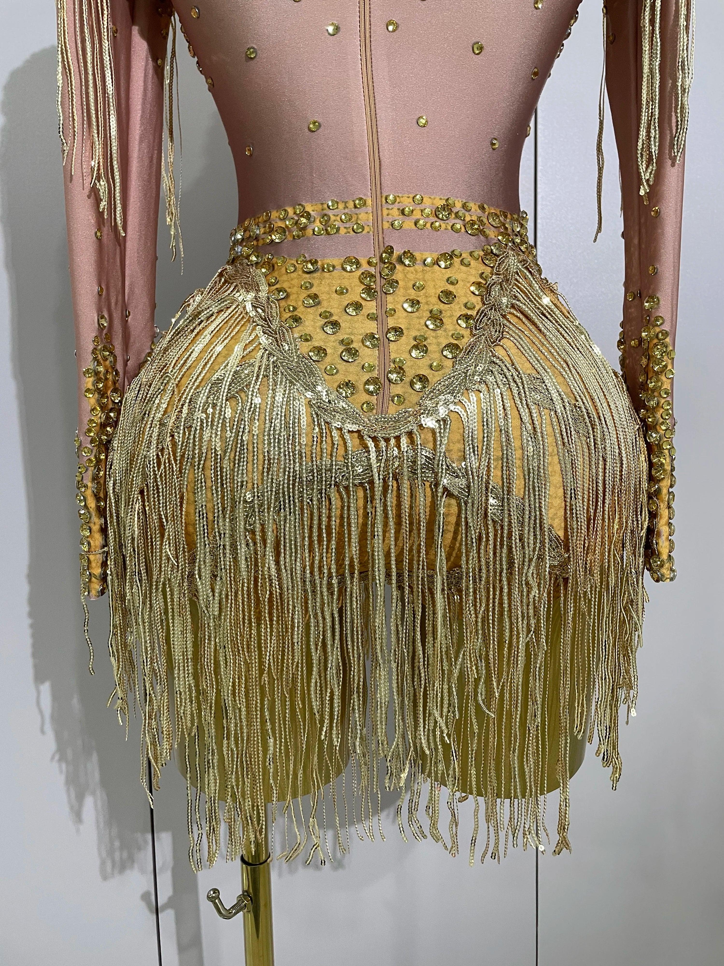 Chambersburg Sparkly Rhinestone Sequin Tassel Stretch Jumpsuit