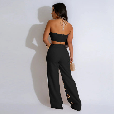 Beacon Falls Sleeveless Strapless Wide Leg Hole Hollow Out Two Piece Set