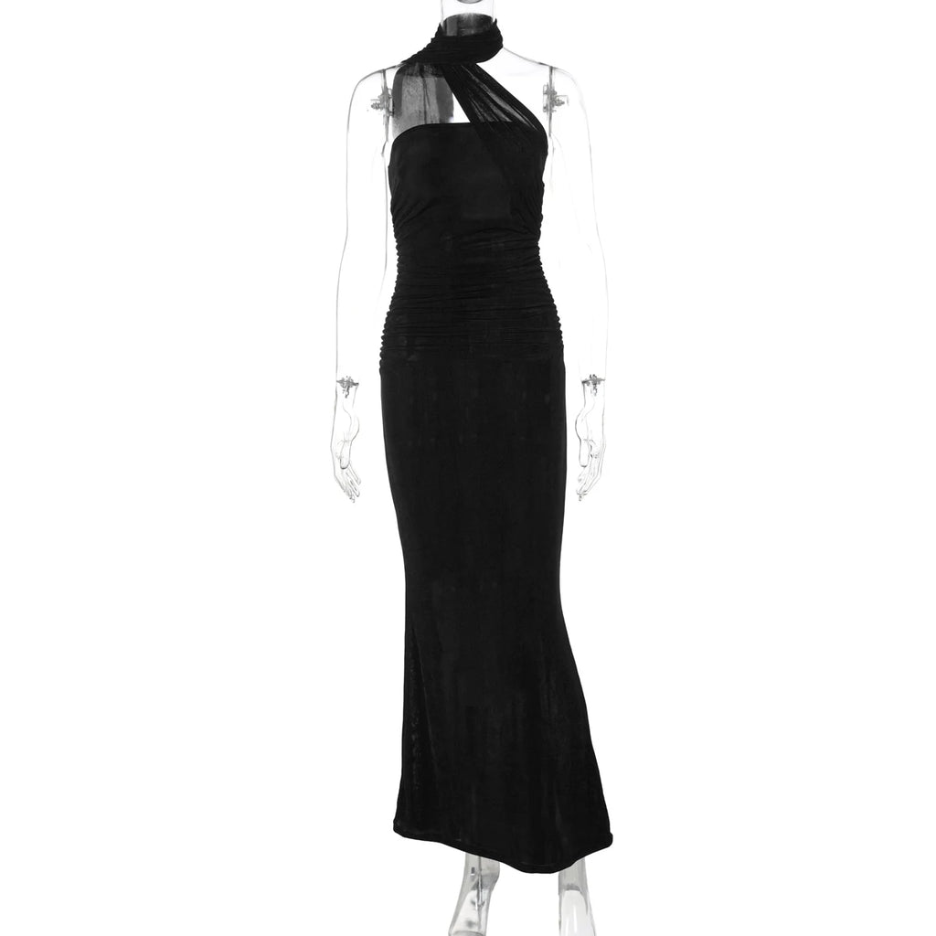 Chicago Halter Solid Sleeveless Backless Ruched Sexy Bodycon Maxi Prom Dress