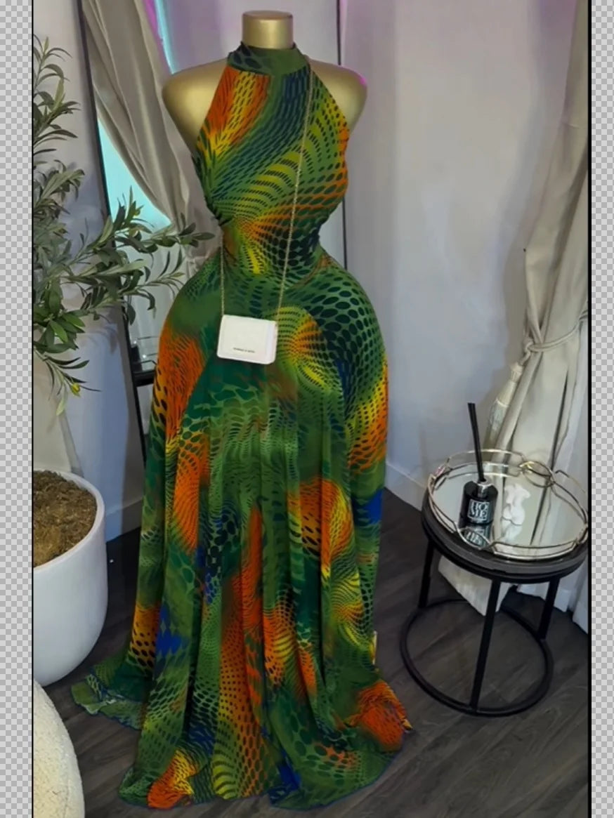 O Neck Sleeveless Floral Print Mermaid Evening Birthday Beach Sexy Maxi Dress
