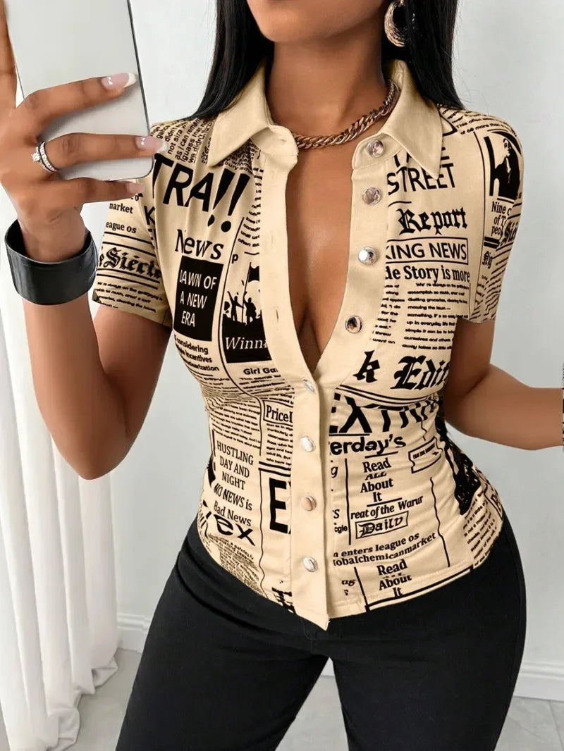 Pluto Elegant Fashion Newspaper Pattern Print Single Breasted Short Sleeve Tops