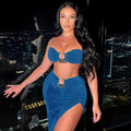 Nahomi Velvet Sexy Strapless High Waist Slit Two Piece Sets