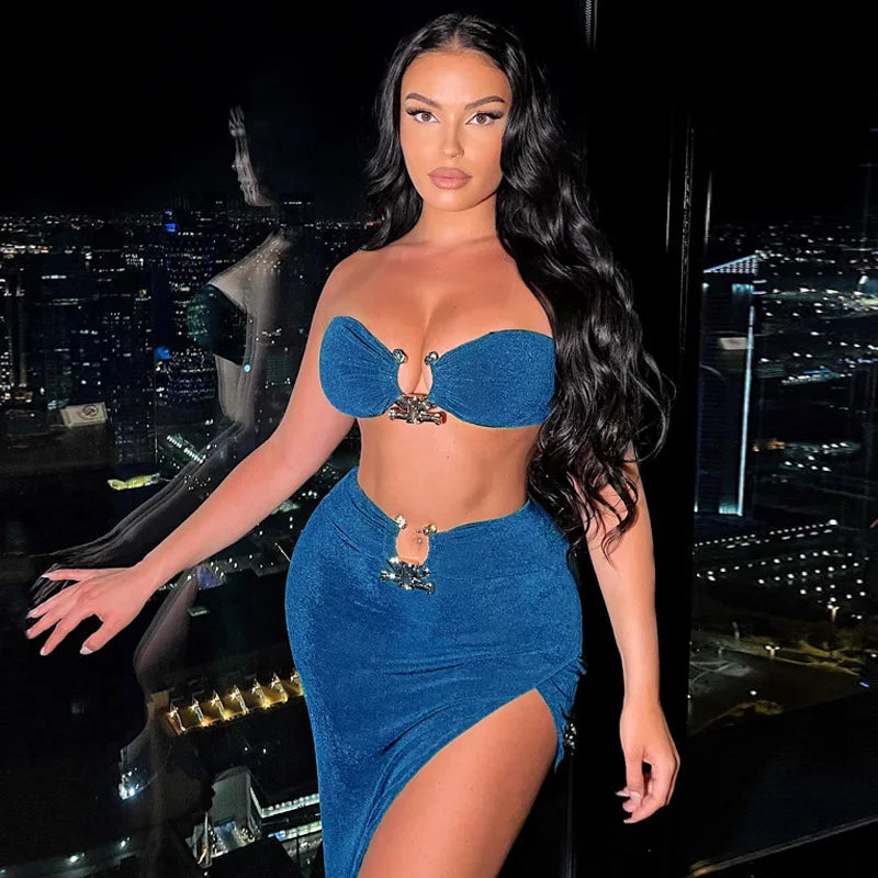 Nahomi Velvet Sexy Strapless High Waist Slit Two Piece Sets