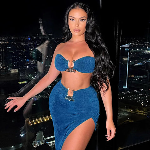 Nahomi Velvet Sexy Strapless High Waist Slit Two Piece Sets