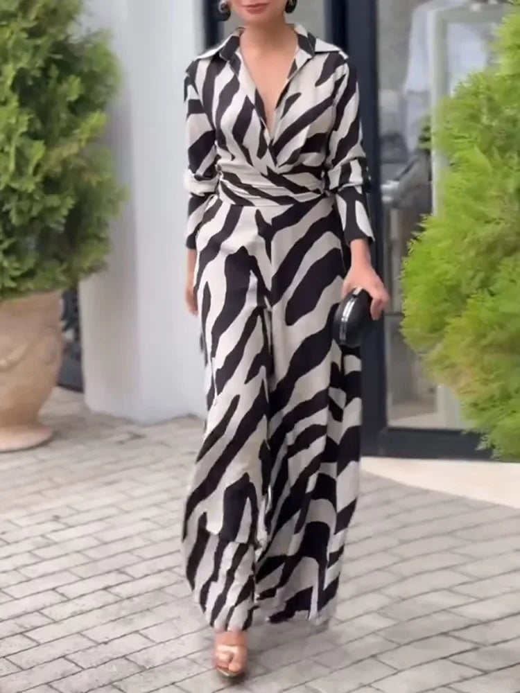 Troy Zebra Printed Wide Leg Lapel Jumpsuits Long Sleeves High Waisted